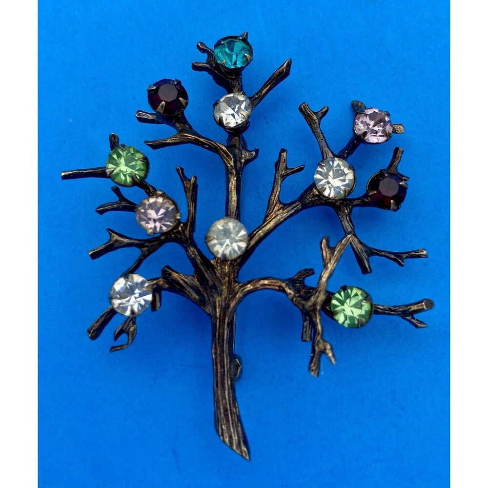Vintage Sterling Silver Tree Of Life Rhinestone Brooch Marked CH